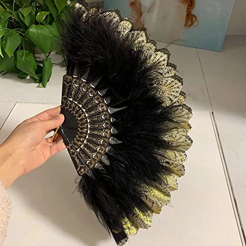 Duories Feder Handfächer Faltfächer Klappfächer Vintage Spanische Viktorianischen Damen Fächer Tanzen Hand Fan für Hochzeit Geschenk Sommer Feste Party Fasching Kostüm,Schwarz von Duories