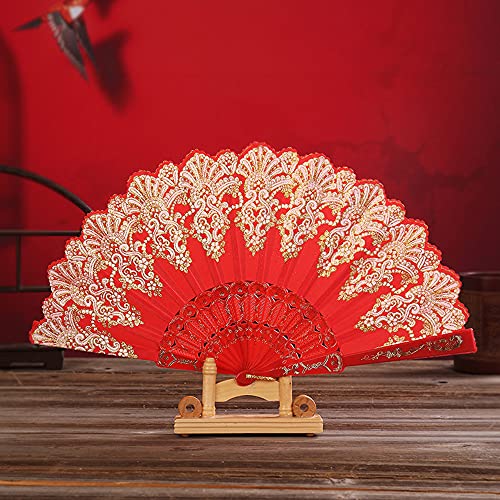 Duories Handfächer Stofffächer,Vintage Faltfächer Chinesischer Stoff Fächer Faltfächer für Abkühlung im Sommer Hochzeit Geschenk Muttertag Party Kostüm Halloween Karneval Fasching Tanzen Hand Fan,Rot von Duories