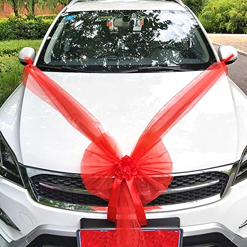 Duories Organza Autoschmuck Braut Paar Hochzeit Autoschleife Große Car Bow Tüll Schleife Riesenschleife Dekoschleife für Auto Dekor Hochzeit New Houses Party Feier Valentinstag Brautwagen Deko,Rot B von Duories