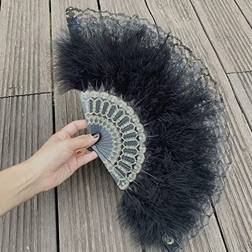 Duories Spitze Feder Handfächer,Faltfächer Klappfächer Vintage Spanische Viktorianischen Damen Fächer Tanzen Hand Fan für Hochzeit Geschenk Sommer Feste Party Fasching Kostüm,Schwarz von Duories