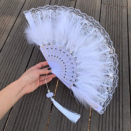 Duories Spitze Feder Handfächer mit Quastenanhänger,Faltfächer Klappfächer Vintage Spanische Viktorianischen Damen Fächer Tanzen Hand Fan für Hochzeit Geschenk Sommer Feste Party Fasching Kostüm,Weiß von Duories