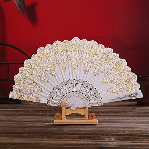 Handfächer Stofffächer,Vintage Faltfächer Chinesischer Stoff Fächer Faltfächer für Abkühlung im Sommer Hochzeit Geschenk Muttertag Party Kostüm Halloween Karneval Fasching Tanzen Hand Fan,Weiß von Duories