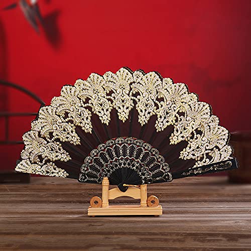 Handfächer Stofffächer,Vintage Faltfächer Chinesischer Stoff Fächer Faltfächer für Abkühlung im Sommer Hochzeit Geschenk Muttertag Party Kostüm Halloween Karneval Fasching Tanzen Hand Fan,Schwarz von Duories