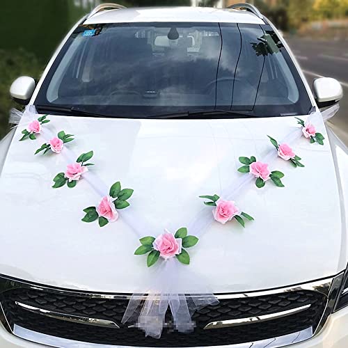 Hochzeit Car Auto Wedding Deko Girlande, Organza Autoschmuck Hochzeit Auto Schmuck Braut Paar Rose Deko, Hochzeits Autodeko Rosendekoration Set, Hochzeitsschmuck für Hochzeits Verlobt Party,Rosa von Duories