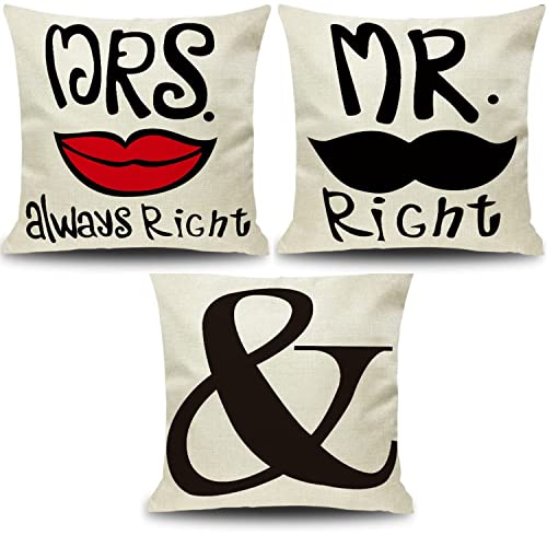 Mr & Mrs 3er Set Kissenbezüge Kissenbezug Zierkissenbezug Dekokissen Sofakissen Kissenüberwurf mit Reißverschluss für Couch Schlafzimmer Haus Hochzeit Deko,45 x 45 cmMR.Right+&+MRS.Always.Right von Duories