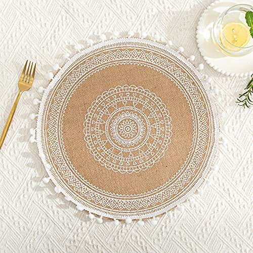 Rund Gewebte Platzset,Boho Tischsets,Jute Tischsets mit Mandala Quaste,Böhmen Farmhouse Retro Restaurant Tischdekoration Platzdeckchen Tischsets für Hochzeit Festival Party Küche Speisetisch,2er Set E von Duories