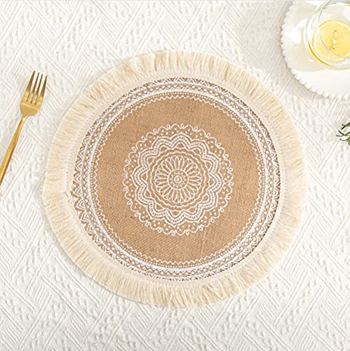 Rund Gewebte Platzset,Boho Tischsets,Jute Tischsets mit Mandala Quaste,Böhmen Farmhouse Retro Restaurant Tischdekoration Platzdeckchen Tischsets für Hochzeit Festival Party Küche Speisetisch,2er Set N von Duories