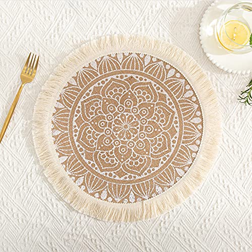 Rund Gewebte Platzset,Boho Tischsets,Jute Tischsets mit Mandala Quaste,Böhmen Farmhouse Retro Restaurant Tischdekoration Platzdeckchen Tischsets für Hochzeit Festival Party Küche Speisetisch,2er Set O von Duories