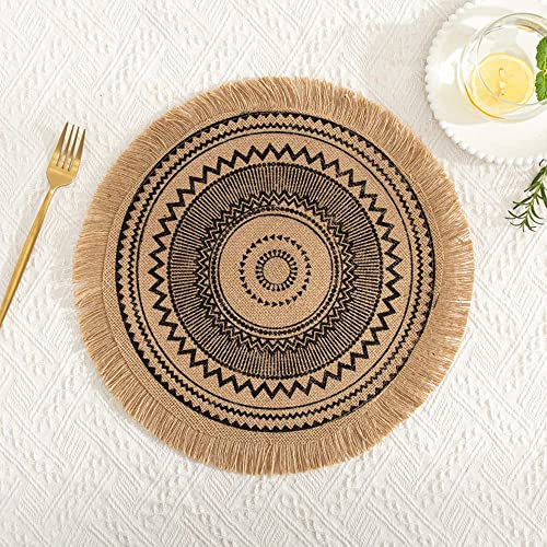 Rund Gewebte Platzset,Boho Tischsets,Jute Tischsets mit Mandala Quaste,Böhmen Farmhouse Retro Restaurant Tischdekoration Platzdeckchen Tischsets für Hochzeit Festival Party Küche Speisetisch,2er Set K von Duories