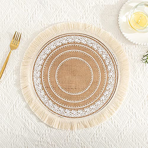 Rund Gewebte Platzset,Boho Tischsets,Jute Tischsets mit Mandala Quaste,Böhmen Farmhouse Retro Restaurant Tischdekoration Platzdeckchen Tischsets für Hochzeit Festival Party Küche Speisetisch,6er Set P von Duories