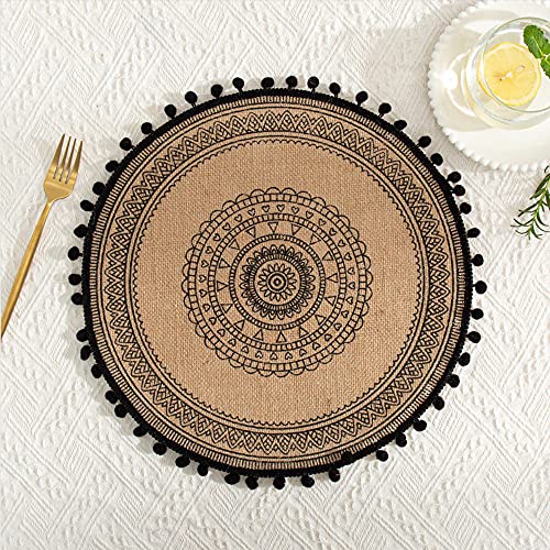 Rund Gewebte Platzset,Boho Tischsets,Jute Tischsets mit Mandala Quaste,Böhmen Farmhouse Retro Restaurant Tischdekoration Platzdeckchen Tischsets für Hochzeit Festival Party Küche Speisetisch,6er Set B von Duories