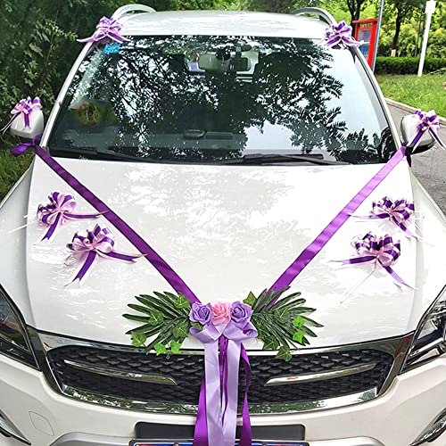 Satinband Autoschmuck Set,Braut Paar Blumen Rose Deko Auto Bow Bogen Schleife Autoschleife Dekoschleife für Auto Dekor Hochzeit New Houses Party Feier Valentinstag Brautwagen Deko Girlande,Lila von Duories