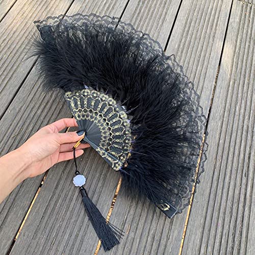 Spitze Feder Handfächer mit Quastenanhänger,Faltfächer Klappfächer Vintage Spanische Viktorianischen Damen Fächer Tanzen Hand Fan für Hochzeit Geschenk Sommer Feste Party Fasching Kostüm,Schwarz von Duories