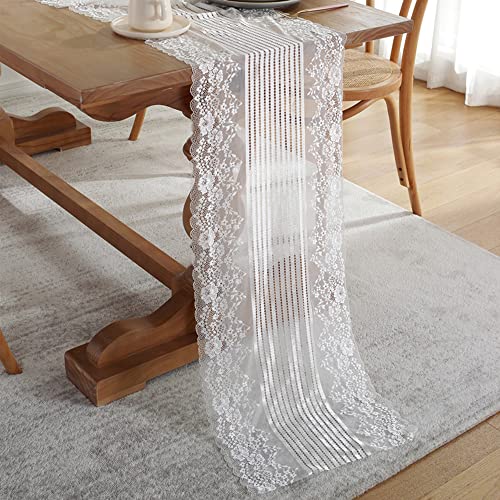 Spitzen Tischläufer Rechteckige Häkelspitze Hohle Mesh Tischdecke Dekoratives Tischband Edle Tischdeko für Rustikale Boho Geburtstage Hochzeit Party Esstisch Wohnzimmer Deko,180 x 38cm Weiß von Duories