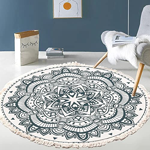 Vintage Boho Baumwolle Teppiche Mandala Muster Waschbar Handgewebte Böhmische Runder Teppich mit Quasten für Schlafzimmer Flur Wohnzimmer Couchtisch Fußmatten,Waschmaschinenfest,100CM Blumen #2 von Duories