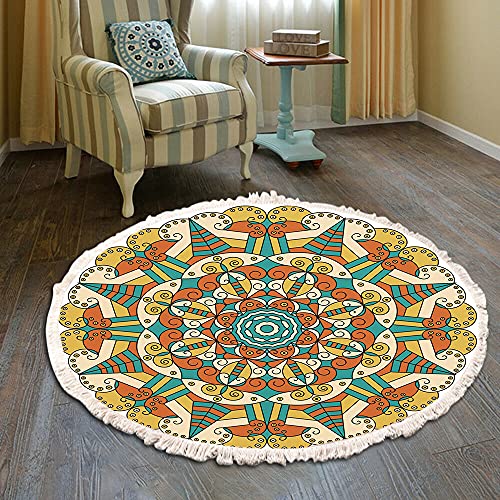 Vintage Boho Baumwolle Teppiche Mandala Muster Waschbar Handgewebte Böhmische Runder Teppich mit Quasten für Schlafzimmer Flur Wohnzimmer Couchtisch Fußmatten,Waschmaschinenfest,100CM Blumen #27 von Duories