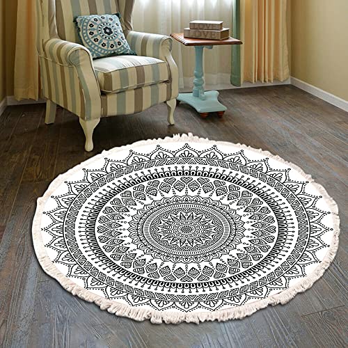Vintage Boho Baumwolle Teppiche Mandala Muster Waschbar Handgewebte Böhmische Runder Teppich mit Quasten für Schlafzimmer Flur Wohnzimmer Couchtisch Fußmatten,Waschmaschinenfest,100CM Blumen #36 von Duories