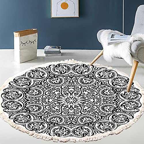 Vintage Boho Baumwolle Teppiche Mandala Muster Waschbar Handgewebte Böhmische Runder Teppich mit Quasten für Schlafzimmer Flur Wohnzimmer Couchtisch Fußmatten,Waschmaschinenfest,120CM Blumen #13 von Duories