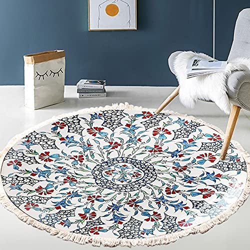 Vintage Boho Baumwolle Teppiche Mandala Muster Waschbar Handgewebte Böhmische Runder Teppich mit Quasten für Schlafzimmer Flur Wohnzimmer Couchtisch Fußmatten,Waschmaschinenfest,120CM Blumen #14 von Duories