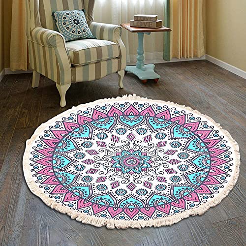 Vintage Boho Baumwolle Teppiche Mandala Muster Waschbar Handgewebte Böhmische Runder Teppich mit Quasten für Schlafzimmer Flur Wohnzimmer Couchtisch Fußmatten,Waschmaschinenfest,120CM Blumen #22 von Duories