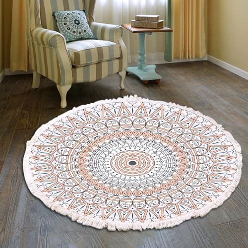 Vintage Boho Baumwolle Teppiche Mandala Muster Waschbar Handgewebte Böhmische Runder Teppich mit Quasten für Schlafzimmer Flur Wohnzimmer Couchtisch Fußmatten,Waschmaschinenfest,120CM Blumen #24 von Duories