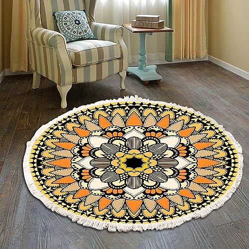 Vintage Boho Baumwolle Teppiche Mandala Muster Waschbar Handgewebte Böhmische Runder Teppich mit Quasten für Schlafzimmer Flur Wohnzimmer Couchtisch Fußmatten,Waschmaschinenfest,120CM Blumen #31 von Duories