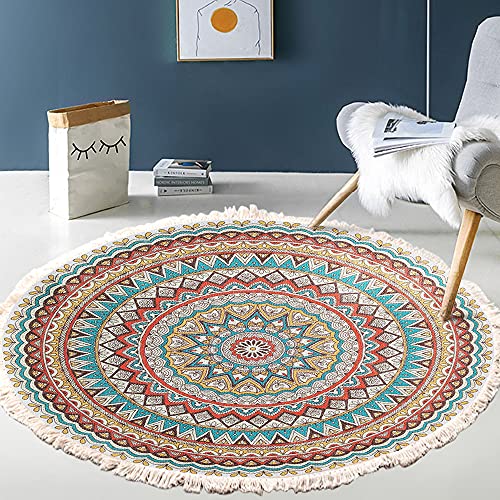 Vintage Boho Baumwolle Teppiche Mandala Muster Waschbar Handgewebte Böhmische Runder Teppich mit Quasten für Schlafzimmer Flur Wohnzimmer Couchtisch Fußmatten,Waschmaschinenfest,60CM Blumen #12 von Duories