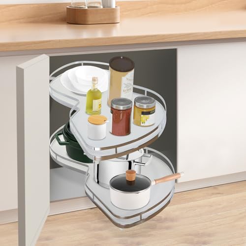Duoruameng Karussell Eckschrank Küchenschrank Rechts Ausziehbar Drehbarer Eckschrank Höhenverstellbarer 60-81cm 2 Etagen Auszug Kücheneckenablage (Weiß) von Duoruameng