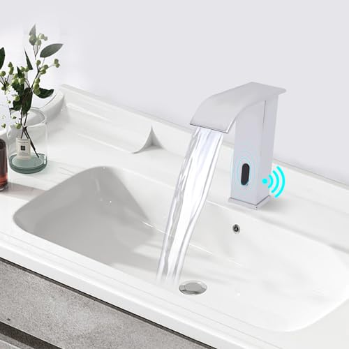 Wasserhahn mit Sensor Infrarot, Wasserfall Wasserhahn Automatisch Sensor Kalt & Heiß Armaturen Badarmatur Waschtischarmatur (Silber) von Duoruameng