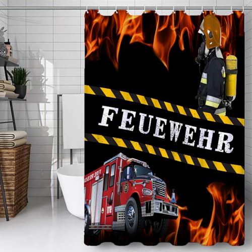 Duosm 3D Feuerwehrauto Fahrzeug Muster Duschvorhang 120 x 200, Wasserdicht Waschbar Anti-Schimmel Polyester Duschvorhänge Feuerwehr Shower Curtain Badvorhänge mit Ringe für Badezimmer von Duosm