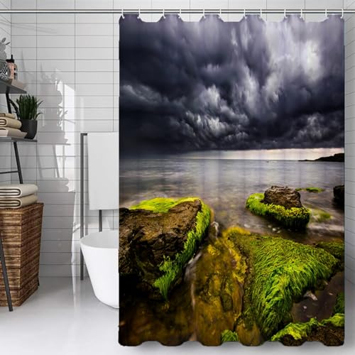 Duosm 3D Meer Strand Duschvorhang 240x200, Wasserdicht Waschbar Anti-Schimmel Polyester Duschvorhänge Meer Landschaft Muster Shower Curtain Badvorhänge mit 12 Ringe für Badezimmer von Duosm