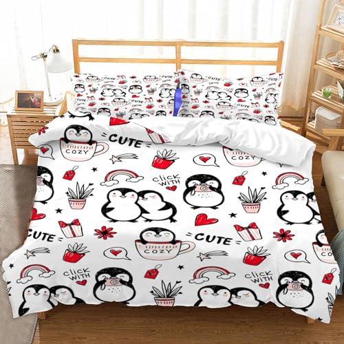 Duosm Bettwäsche 135x200 Pinguin 3D, Weiche Atmungsaktiv Mikrofaser Bettzeug Set Karikatur Bettwäsche-Sets, Bettbezug und 2 Kissenbezug 80x80 cm von Duosm
