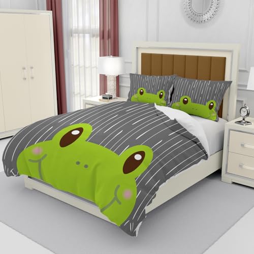Frosch Bettwäsche 155x220 Graues Bettwäsche-Sets, 3D Microfaser Bettbezug 3Teilig Duvet Cover mit Reißverschluss und 2 Kissenbezug 80x80cm von Duosm