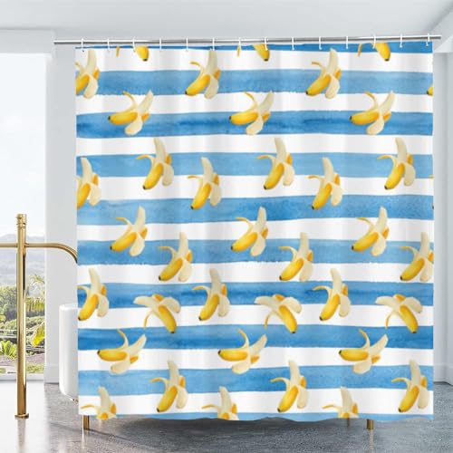 Banane Duschvorhang 180x200, Wasserdicht Waschbar Anti-Schimmel Polyester Duschvorhänge Streifen Shower Curtain Badvorhänge mit 12 Ringe für Badezimmer von Duoyesm