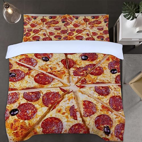Köstliche Pizza Bettwäsche 155x220 Spaß Realistisches Essen Bettwäsche-Sets, 3D Microfaser Bettbezug 3Teilig Duvet Cover mit Reißverschluss und 2 Kissenbezug 80x80cm von Duoyesm