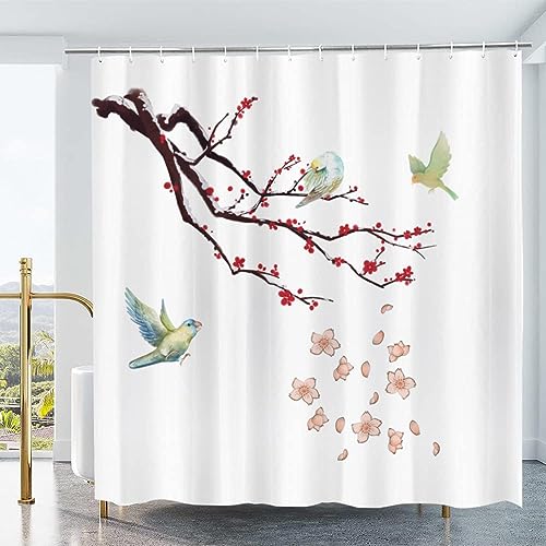 Sakura Blüten Duschvorhang 240x200, Wasserdicht Waschbar Anti-Schimmel Polyester Duschvorhänge Vogel Shower Curtain Badvorhänge mit 12 Ringe für Badezimmer von Duoyesm