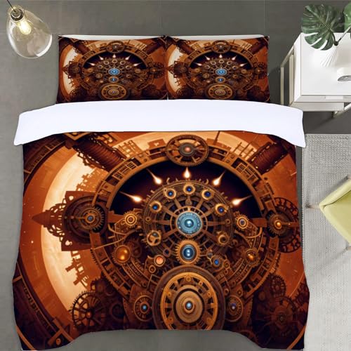 Steampunk Bettwäsche 200x200 Zahnrad Muster Bettwäsche-Sets, 3D Microfaser Bettbezug 3Teilig Duvet Cover mit Reißverschluss und 2 Kissenbezug 80x80cm von Duoyesm