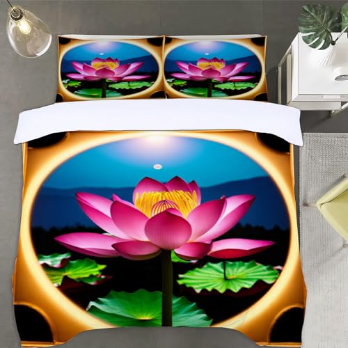 Teich Lotusblatt Lotus Bettwäsche 220x240 Blumen Lotus Blatt Muster Bettwäsche-Sets, 3D Microfaser Bettbezug 3Teilig Duvet Cover mit Reißverschluss und 2 Kissenbezug 80x80cm von Duoyesm