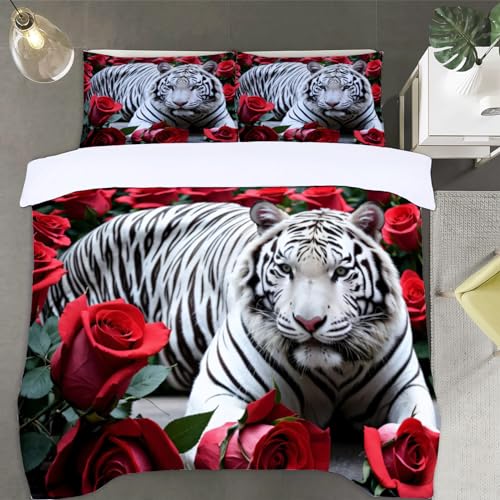 Weißer Tiger Bettwäsche 135x200 Rose Blume Bettwäsche-Sets, 3D Microfaser Bettbezug 3Teilig Duvet Cover mit Reißverschluss und 2 Kissenbezug 80x80cm von Duoyesm