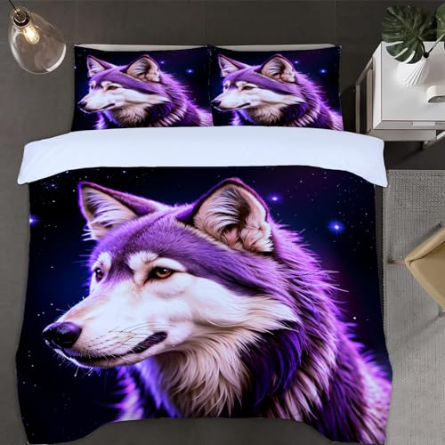 Wolf Drucken Bettwäsche 135x200 Sternenhimmel Bettwäsche-Sets, 3D Microfaser Bettbezug 3Teilig Duvet Cover mit Reißverschluss und 2 Kissenbezug 80x80cm von Duoyesm