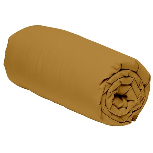 Duquennoy & Lepers 1867 Linge de lit Spannbettlaken, 180 x 200 cm für Doppelbett, hohe Spannhöhe von 30 cm, ideal für dicke Matratzen, aus Baumwoll-Perkal, 80 Fäden, hochwertig, einfarbig, senfgelb von Duquennoy & Lepers