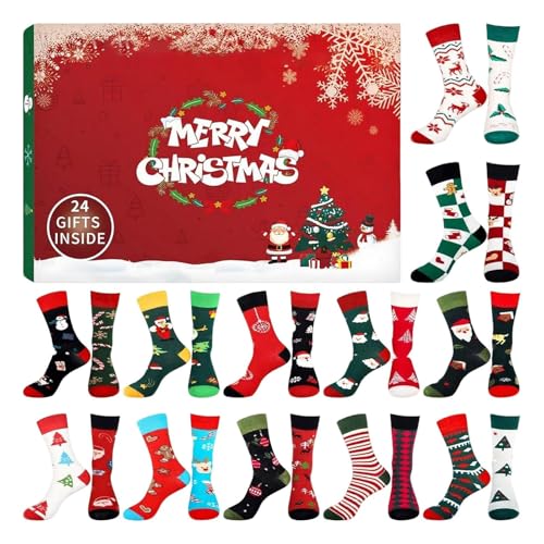 2025 Weihnachts Adventskalender - 12 Paare Warme Socken Für Frauen, 24 Tage Urlaub Countdown Kalender, Weihnachtssocken Adventskalender, Mit Weihnachtsbaum, Elch, Niedliche Muster von Duqulle