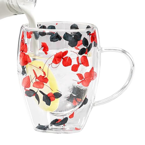Duqulle Getrocknete Blumen, Doppelwandige Glas-Kaffeetasse, Isolierte Glas-Kaffeetassen Mit Griff, Ästhetische Getrocknete Blumen, Kreative Kaffeetassen, Verbrühungshemmende Teetasse, 350 Ml von Duqulle
