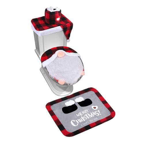 Weihnachts-Toilettenbezug-Set – 4-teiliger Wichtel-Toilettenbezug, Weihnachts-Toilettensitzbezug-Dekorationen Mit Tank- Und Taschentuchbox-Bezug Und Teppich, Rutschfester Weihnachts-Toilettenbezug von Duqulle