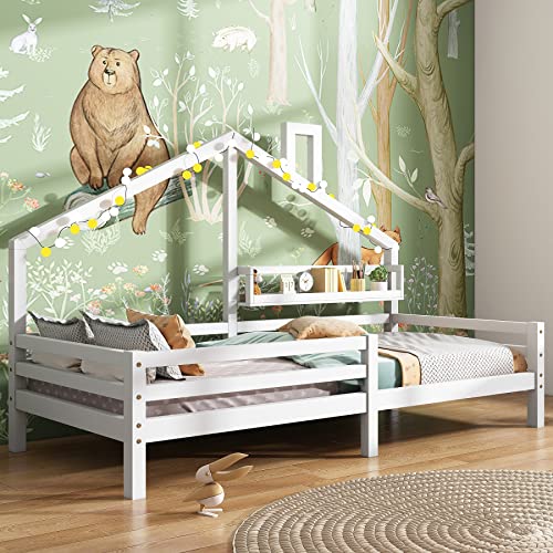 DuraB Kinderbett,Schönes Hausbett,Vollholz mit Zaun und Lattenrost, mit Rausfallschutz für Kinder- und Jugendzimmer (Weiß#, 90 X 200 cm) von DuraB