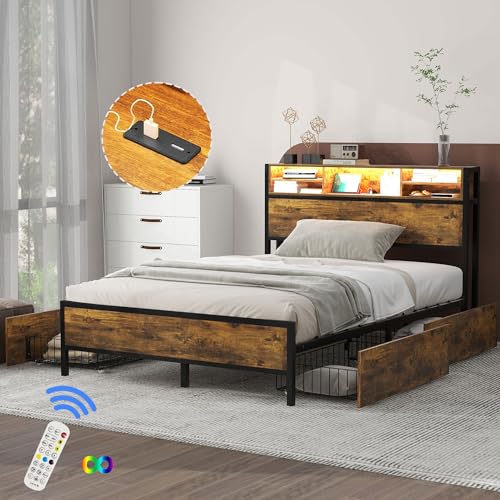 DuraB Metallbett 140x200 cm,Doppelbett Holzbett Metallbett,LED-Bett mit USB-Ladeanschluss,4 Schubladen mit Metall Lattenrost und mit Stauraum-Kopfteil Ehebett Gästebett Erwachsene, Kinder von DuraB