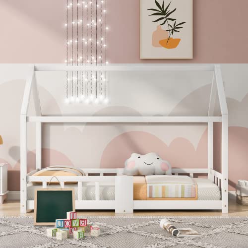 DuraB Kinderbett Hausbett mit Schornstein Rausfallschutz| Robuste Lattenroste Kiefernholz Haus Bett for Kids, 90 x 200 cm ohne Matratze (Weiß+Tafel) von DuraB