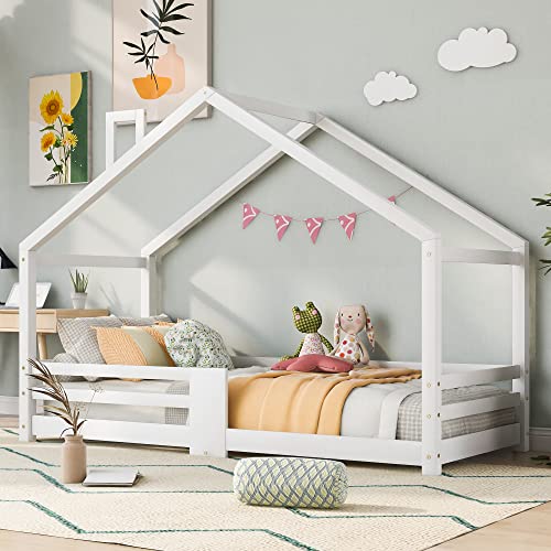DuraB Kinderbett Hausbett mit Schornstein Rausfallschutz| Robuste Lattenroste Kiefernholz Haus Bett for Kids, 90 x 200 cm ohne Matratze (Weiß-Bett##) von DuraB