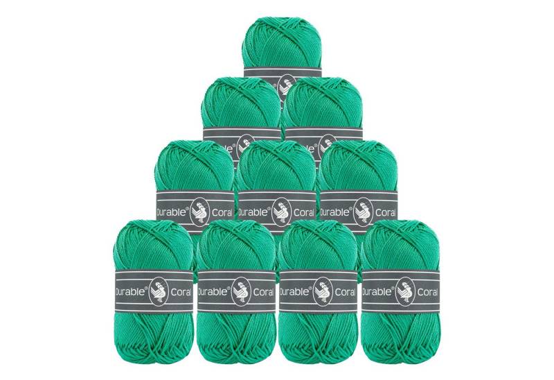 Durable® Yarn 10 x 50g Strick- u. Häkelgarn Durable Coral Baumwolle Sommergarn Häkelwolle, 1250 m (Sparpaket (10 Knäuel je 50g), 2141 smaragdgrün von Durable® Yarn