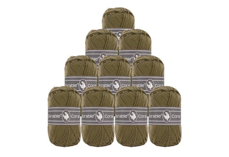 Durable® Yarn 10 x 50g Strick- u. Häkelgarn Durable Coral Baumwolle Sommergarn Häkelwolle, 1250 m (Sparpaket (10 Knäuel je 50g), 2168 khaki von Durable® Yarn